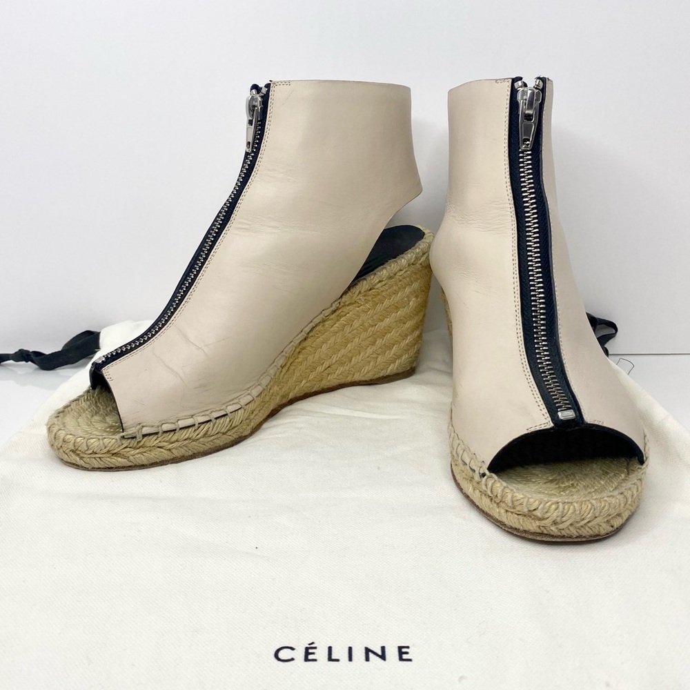 Celine Zip-Front Leather Espadrille Wedges
